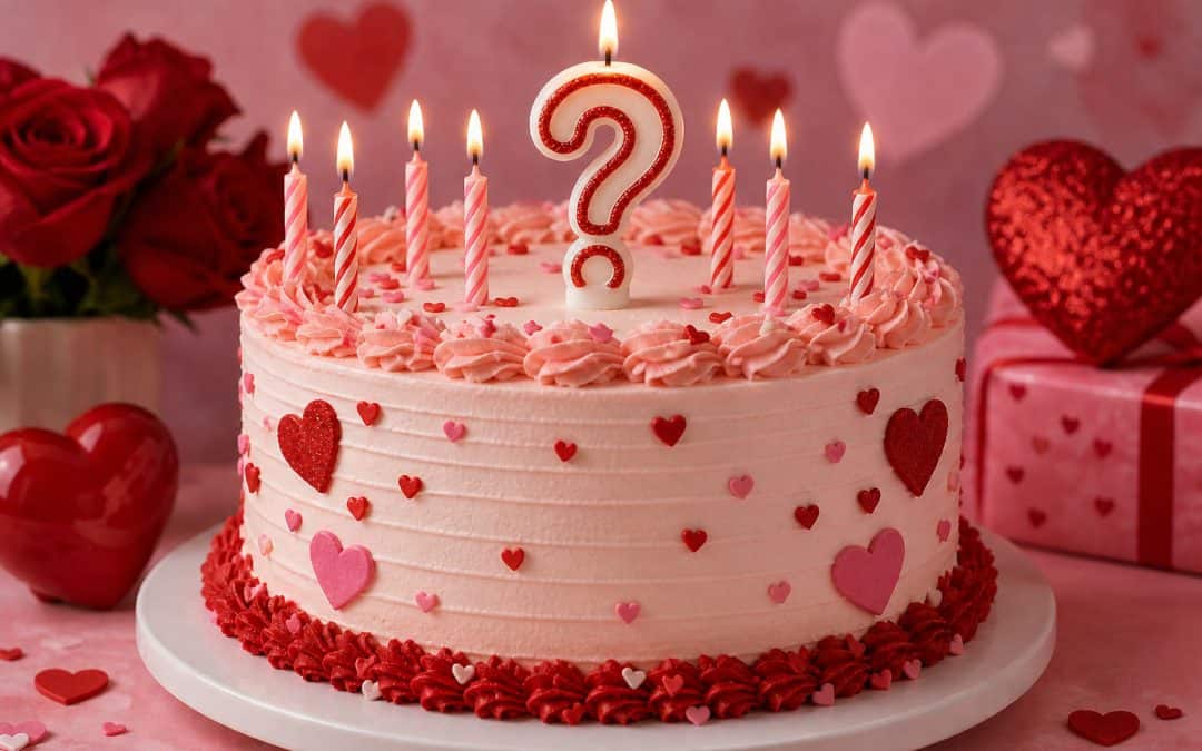 Festive birthday cake decorated with pink and red hearts, featuring a large question mark candle on top, surrounded by roses and gift boxes, perfect for celebrating special occasions.