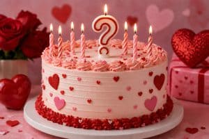 Festive birthday cake decorated with pink and red hearts, featuring a large question mark candle on top, surrounded by roses and gift boxes, perfect for celebrating special occasions.