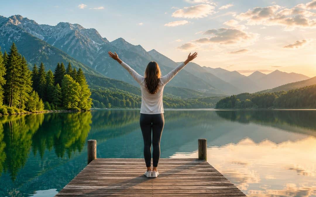 Woman standing on a dock with arms raised, overlooking a serene lake and mountain landscape at sunrise, symbolizing inner growth and external impact.