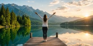 Woman standing on a dock with arms raised, overlooking a serene lake and mountain landscape at sunrise, symbolizing inner growth and external impact.