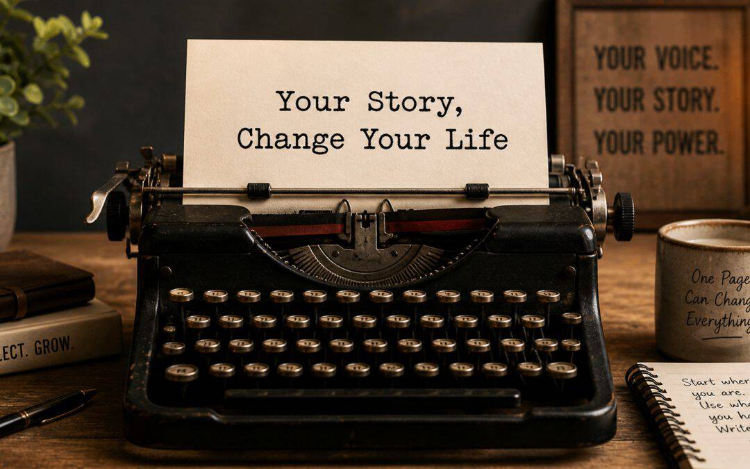 Vintage typewriter with a paper that reads "Your Story, Change Your Life" symbolizing storytelling and personal growth. Perfect for motivational and branding content related to impactful communication.