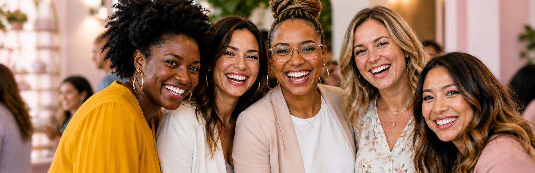 Diverse group of confident women smiling together at a professional event, representing empowerment, leadership, and community support.