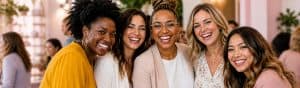 Diverse group of confident women smiling together at a professional event, representing empowerment, leadership, and community support.