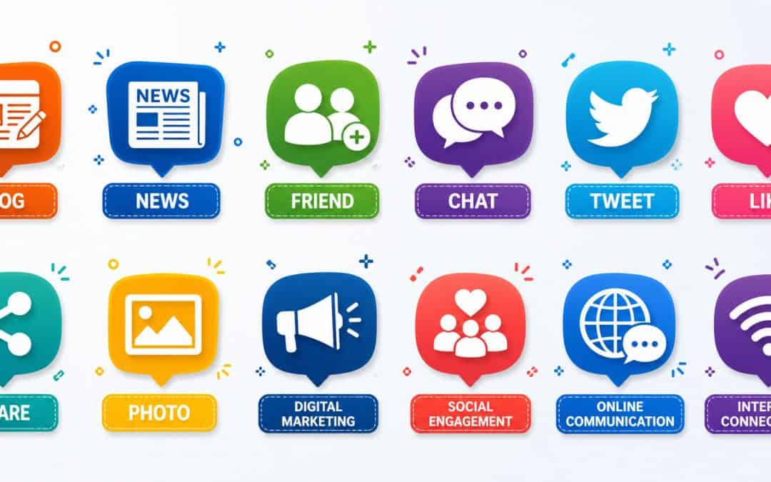 An infographic showcasing various digital marketing icons including blog, news, social media, and online communication tools, emphasizing innovative media strategies.