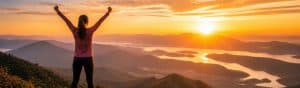 Woman standing on mountain peak with arms raised at sunrise, symbolizing celebration and appreciation for those making a difference.