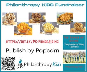 Cookies and cream popcorn fundraiser image showcasing different flavored popcorn for charity, organized by Philanthropy Kids to support young heroes making a difference.