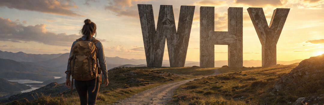 A person standing on a trail looking at large "WHY" letters during sunset, symbolizing purpose and motivation in personal and professional growth.