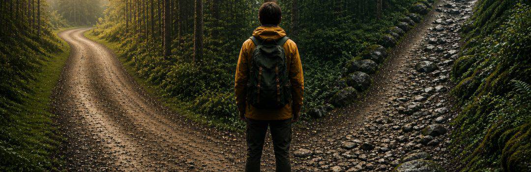 A person standing at a fork in the road surrounded by lush green forest, symbolizing decision-making and discovering one's true purpose.