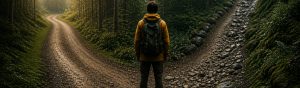 A person standing at a fork in the road surrounded by lush green forest, symbolizing decision-making and discovering one's true purpose.
