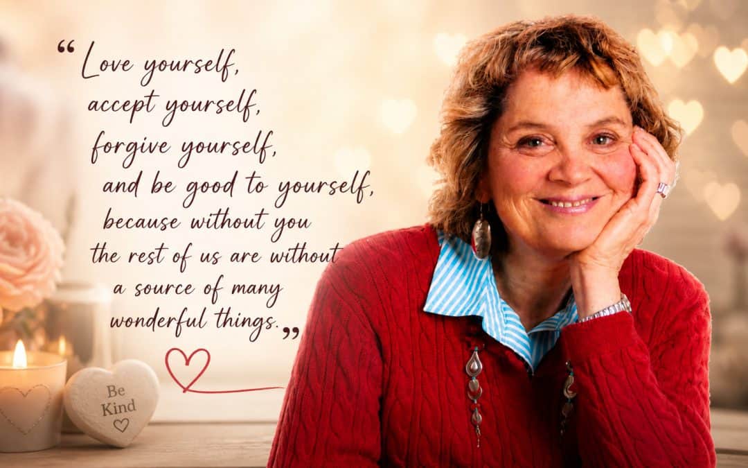 Woman smiling with a heartfelt quote about self-love, acceptance, and forgiveness, set against a warm, cozy background with candles and soft lighting.
