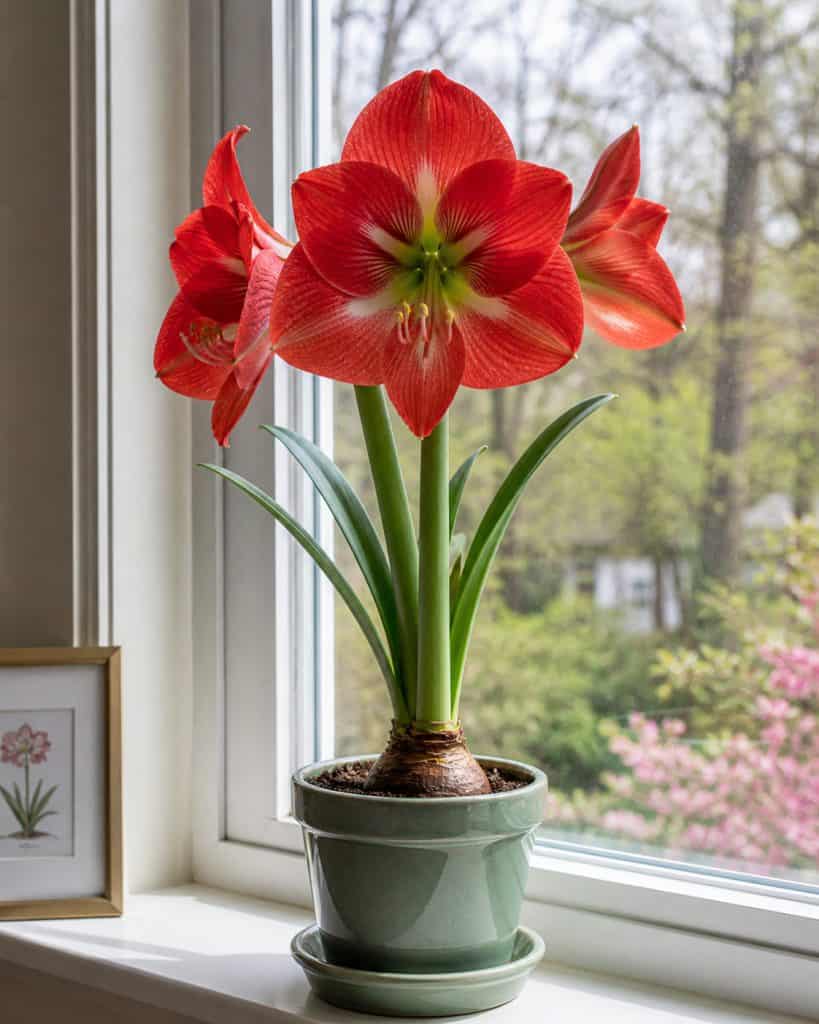 A vibrant red amaryllis flower blooming in a green pot on a windowsill, with a blurred outdoor garden scene in the background.