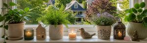 A cozy windowsill decorated with potted plants, candles, and decorative items, illustrating a peaceful and inspiring environment for storytelling and media creation.