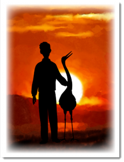 Illustration of the dark profiles of a man and a whooping crane, facing a sunset. The man's hand is on the cranes neck as they stand together affectionately