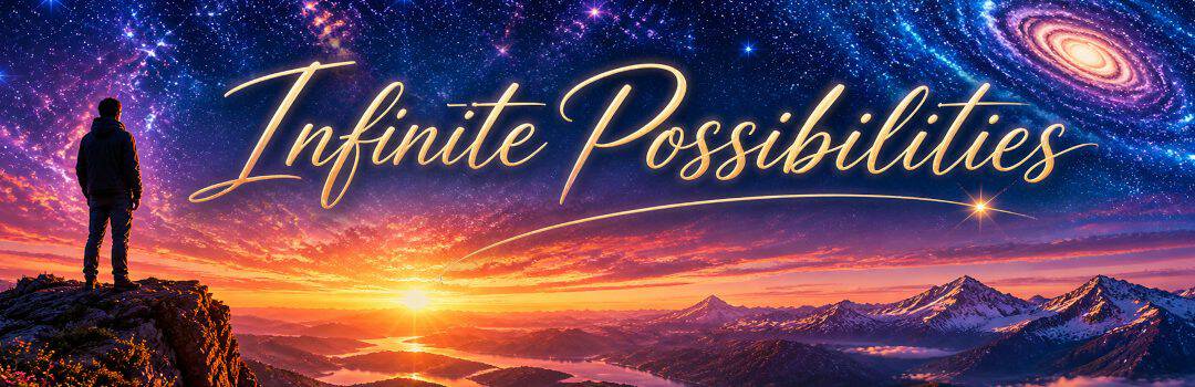 A person standing on a mountain overlooking a vibrant sunset with a cosmic sky, symbolizing limitless potential and the art of living your dreams.