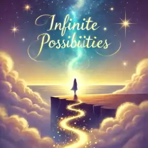 Vibrant image of a person standing on a cliff overlooking a glowing, starry sky with the phrase "Infinite Possibilities" in elegant script, symbolizing limitless potential and inspiration.