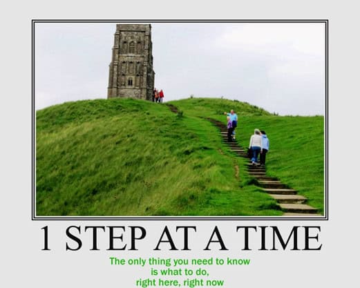 Climbing up a grassy hill towards a historic tower with a few people, symbolizing progress and perseverance in leadership and growth.