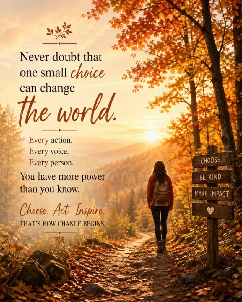 Inspirational image of a woman walking on a forest trail at sunset with a signpost that says "Choose, Be Kind, Make Impact," emphasizing the power of individual choices to change the world.