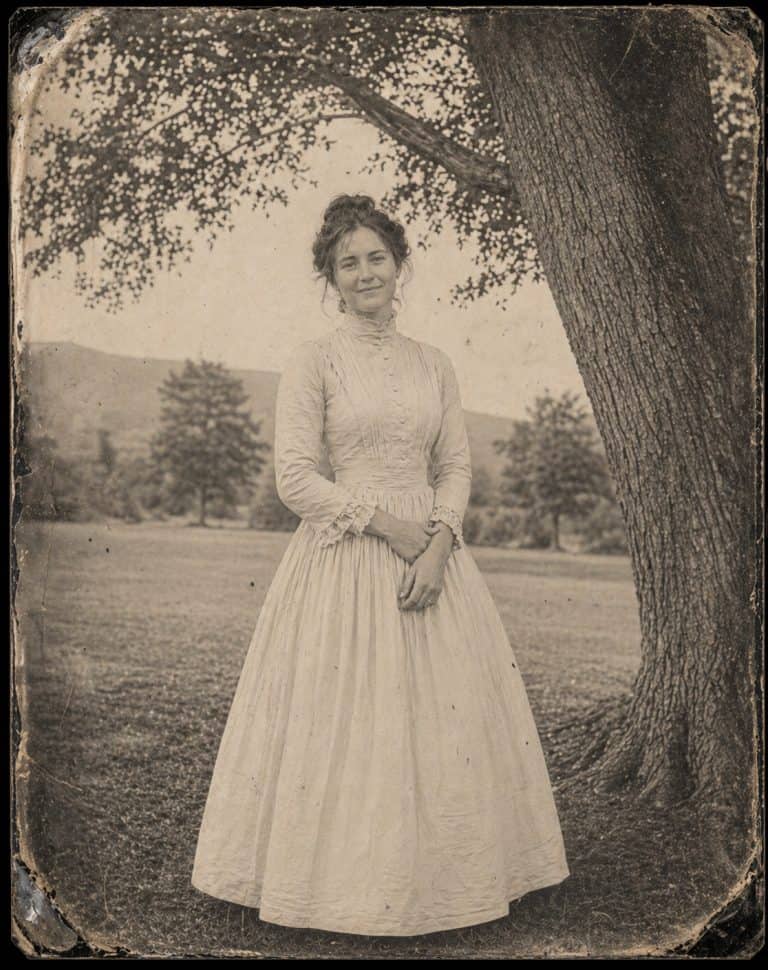 Vintage black-and-white portrait of a young woman standing outdoors beside a large tree, capturing a timeless moment that reflects personal history and storytelling.