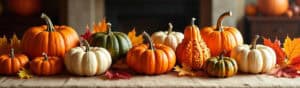 A vibrant display of pumpkins and gourds in different colors and shapes, perfect for fall decorations and seasonal home decor.