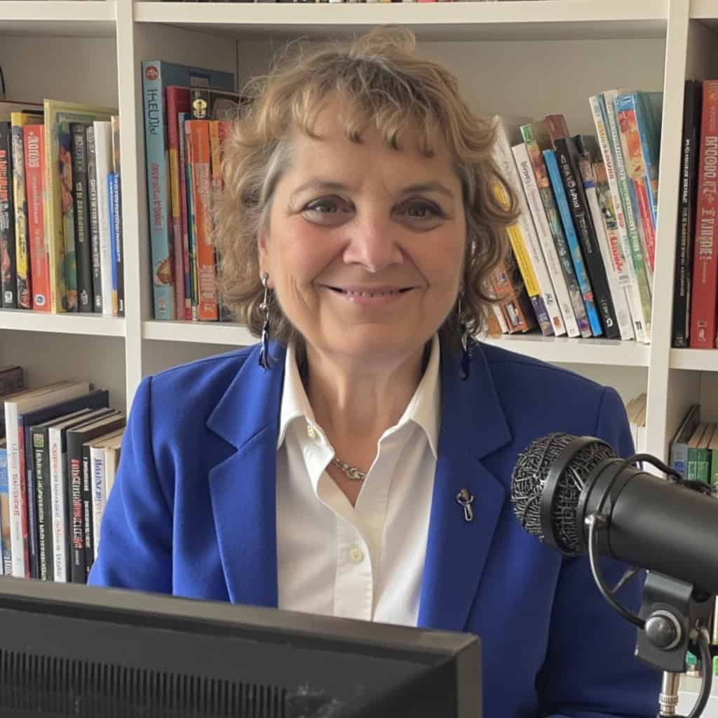Professional woman in a blue blazer speaking in front of a microphone, with bookshelves in the background, representing media and communication expertise.