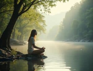 A woman practicing meditation on a rock by a peaceful river surrounded by lush trees and misty mountains, promoting mindfulness and inner peace.