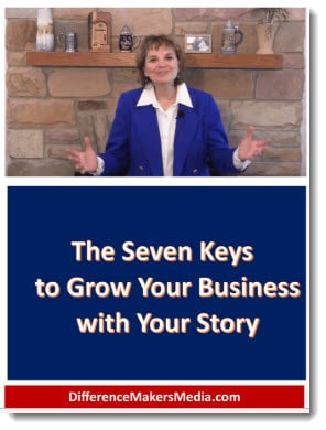 Woman presenting "The Seven Keys to Grow Your Business with Your Story" in a professional setting, promoting business storytelling strategies.