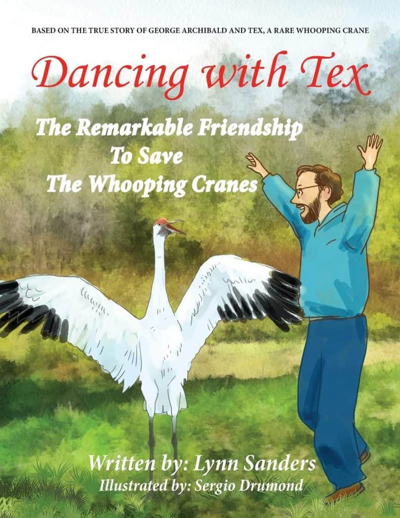 Children's book cover featuring a man and a whooping crane in a grassy field, emphasizing friendship and conservation themes.