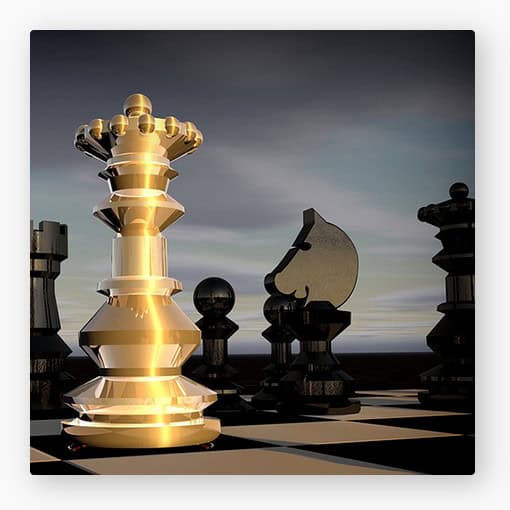 An illuminated golden king chess piece stands prominently on a chessboard, symbolizing leadership and empowerment amidst other dark chess pieces under a moody sky.