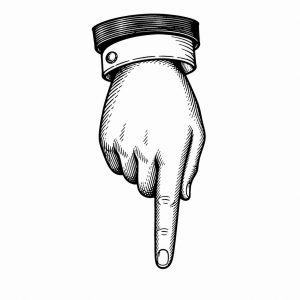 Black and white illustration of a hand pointing downward, symbolizing guidance and empowerment, aligned with the theme of story empowerment.