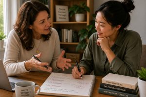 Two women collaborating on a written story at a table